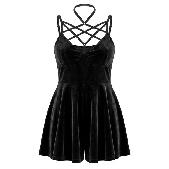 Killstar Dresses & Skirts - Killstar Dress Women XXL Pentagram Strappy Velvet Black Solid Skater Gothic